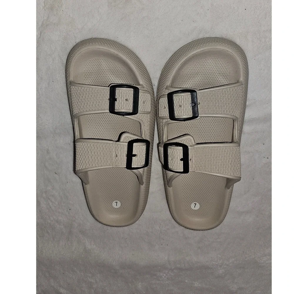Beige Double Buckle Slide Sandals Womens Size 7 Mens 8 Comfort Foam Slides
